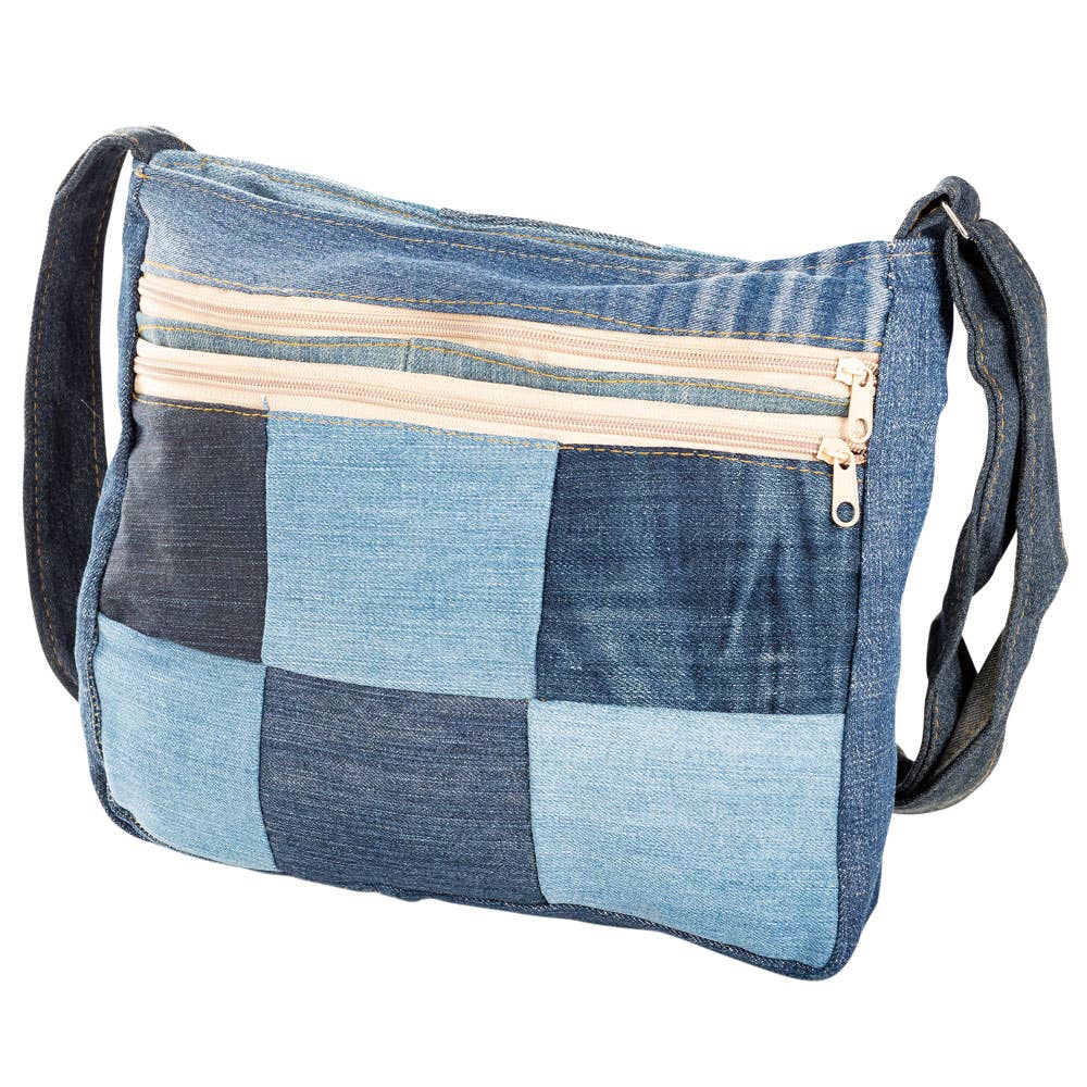 Small Recycled Jean Shoulder Bag With Pockets